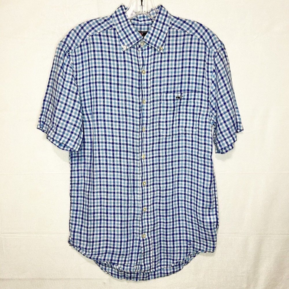 VINEYARD VINES Blue Plaid 100% Linen Classic Fit Short Sleeve TUCKER Shirt Sz S